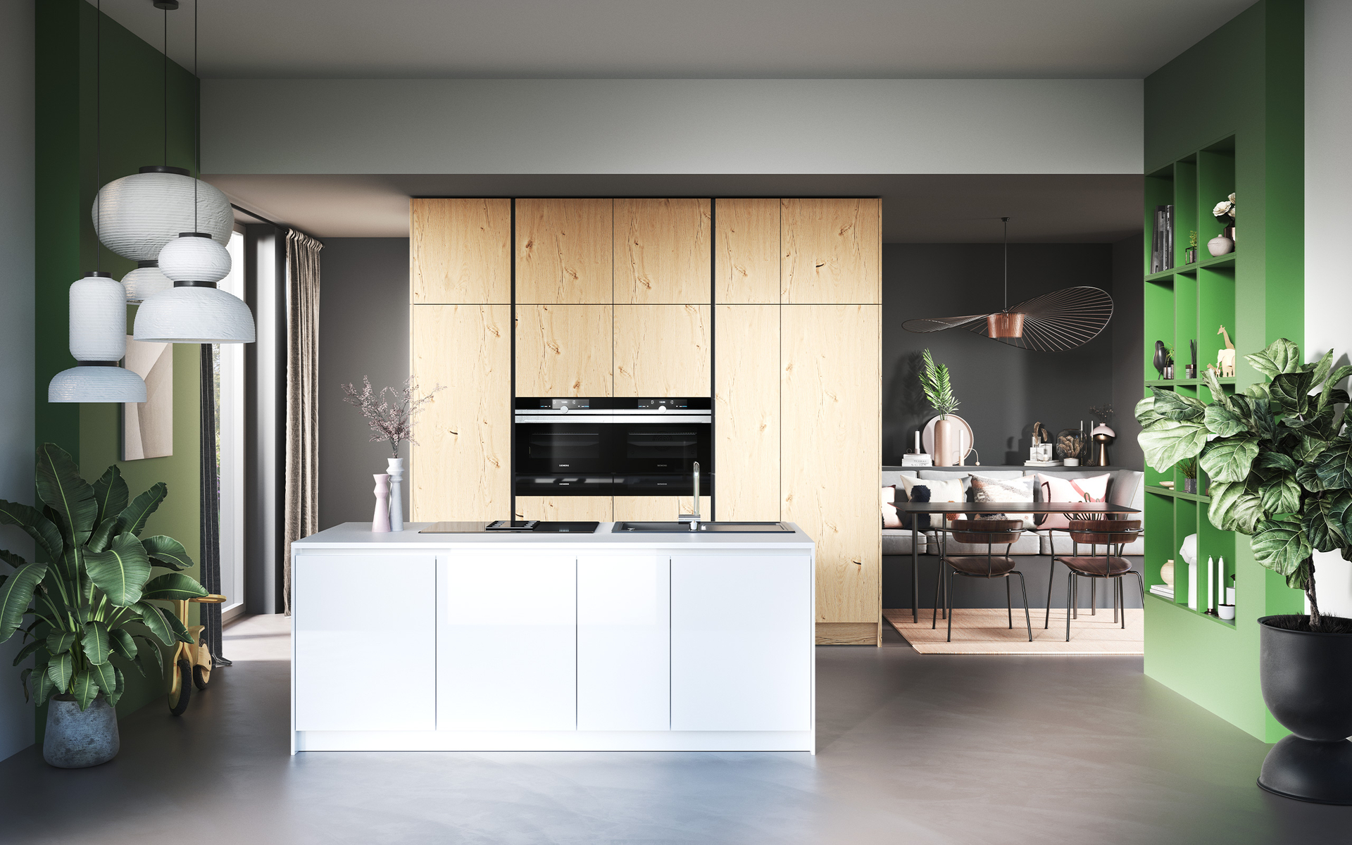 moderen Küche mit weißer Kücheninsel und Hochschränken, über die komplette Wand, aus Holz